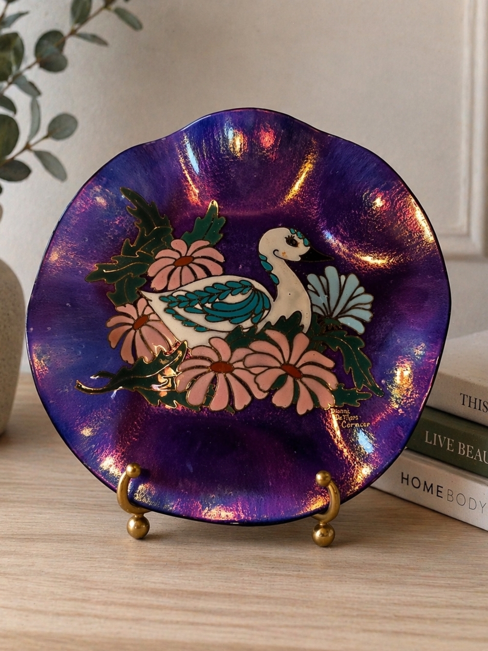 Iridescent Carnival  Decorative Swan  Plate  Floral Motif Dianne Demarco Cormier